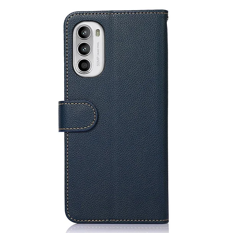 KHAZNEH RFID Blocking Phone Case per Motorola Moto G52 4G / G82 5G, Texture Litchi in Pelle PU Flip Folio Wallet Stand Cover con Cinghia - Blu