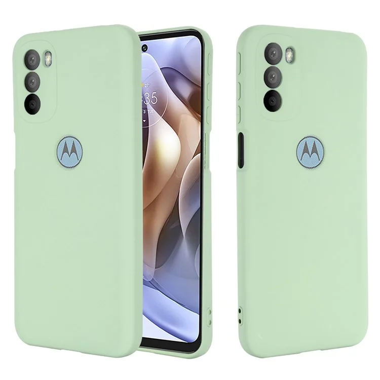 Para Motorola Moto G31/G41 Soft Liquid Silicone Phone Case Microfiber Lining Cushion Camera Protection Cover with Strap - Verde