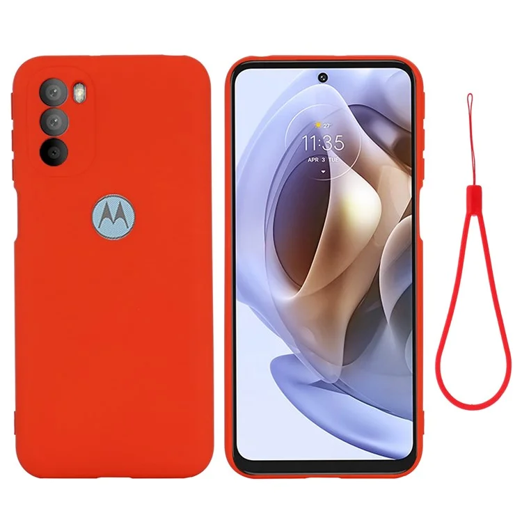Für Motorola Moto G51 5G Flüssigsilikon-Handyhülle, weicher Microfaserfutter, seidige, weiche Schutzhülle mit Handschlaufe - Rot