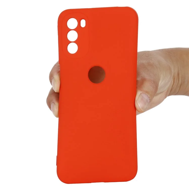Für Motorola Moto G51 5G Flüssigsilikon-Handyhülle, weicher Microfaserfutter, seidige, weiche Schutzhülle mit Handschlaufe - Rot