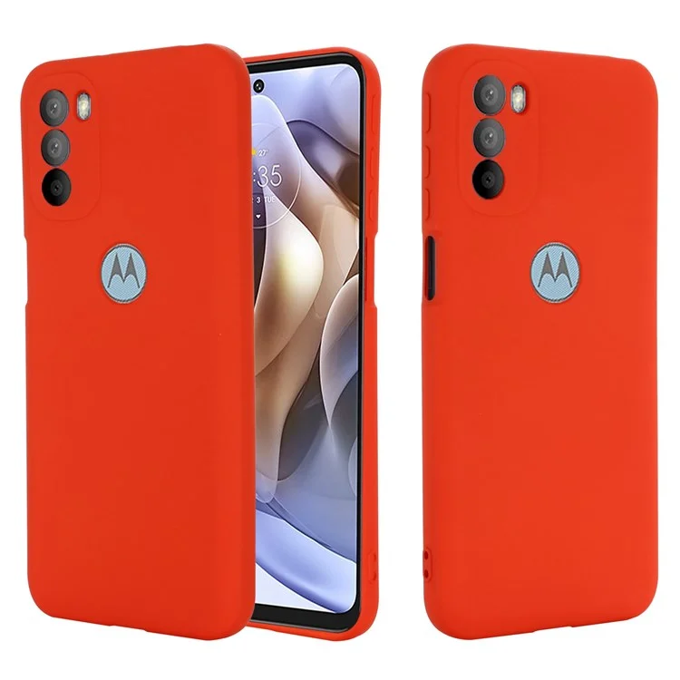 Für Motorola Moto G51 5G Flüssigsilikon-Handyhülle, weicher Microfaserfutter, seidige, weiche Schutzhülle mit Handschlaufe - Rot