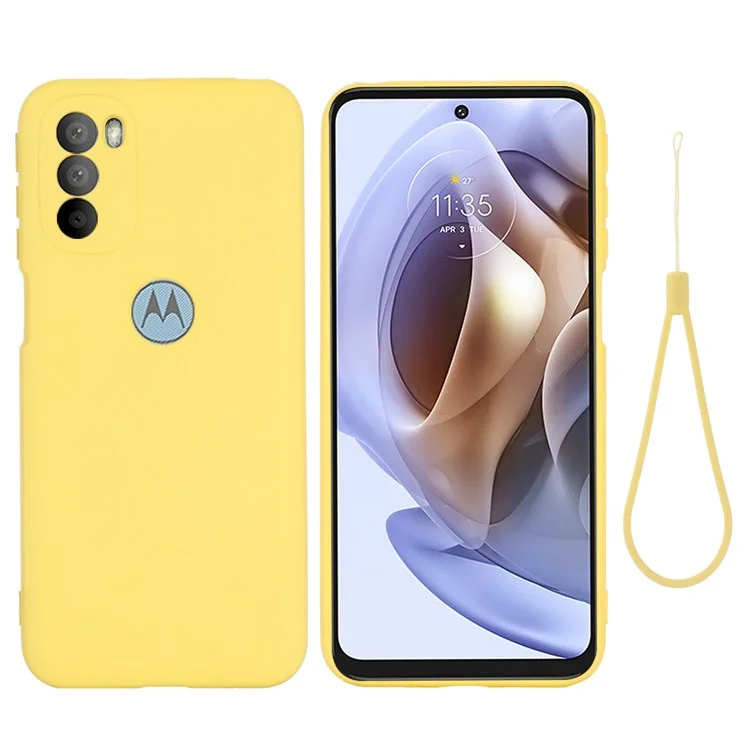 Para Motorola Moto G51 5G Funda de Teléfono de Silicona Líquida Forro de Microfibra Suave Cubierta Protectora Suave con Correa - Amarillo