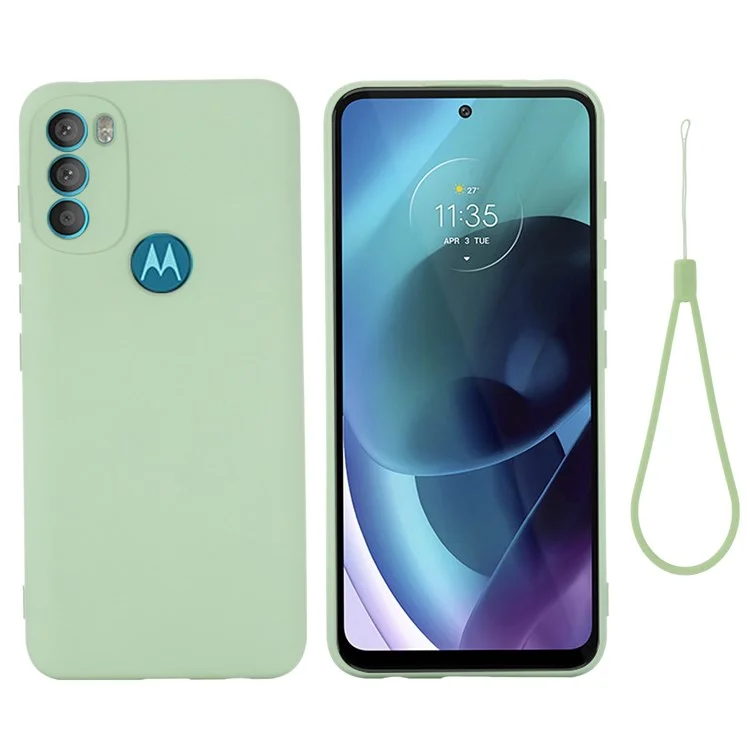 Für Motorola Moto G71 5G Flüssigsilikon-Hülle, weiche Mikrofaserauskleidung, stoßfeste Fallschutz-Abdeckung mit Riemen - Grün
