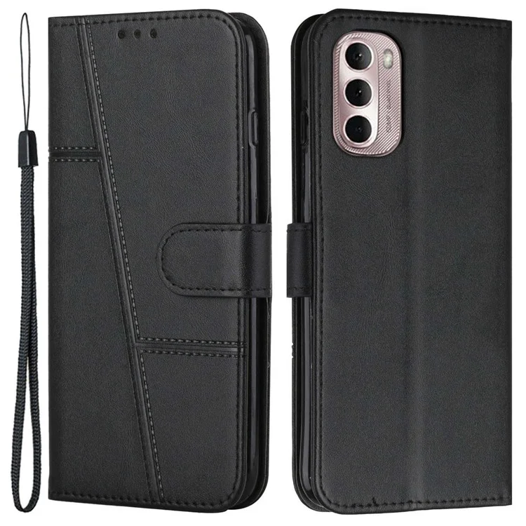 For Motorola Moto G Stylus 4G (2022) Stitching Design PU Leather Wallet Case Stand Wrist Strap Soft TPU Shockproof Protective Flip Cover - Black