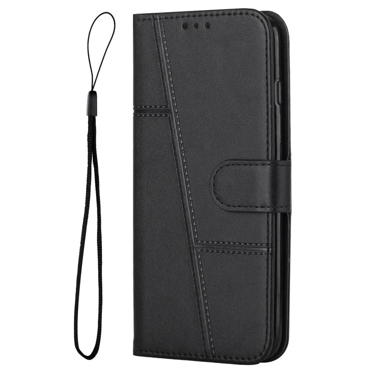 For Motorola Moto G Stylus 4G (2022) Stitching Design PU Leather Wallet Case Stand Wrist Strap Soft TPU Shockproof Protective Flip Cover - Black