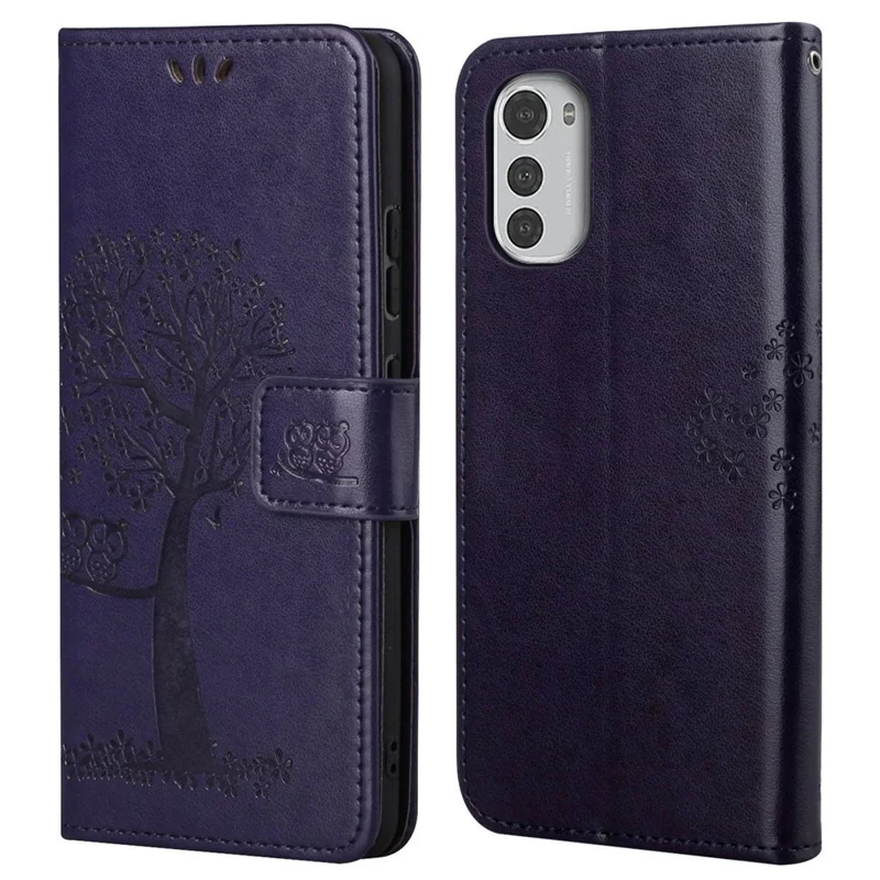 For Motorola Moto E32 Shockproof PU Leather Phone Cover Owl Tree Pattern Imprinted Wallet Stand Folio Flip Protective Case with Wrist Strap - Dark Purple