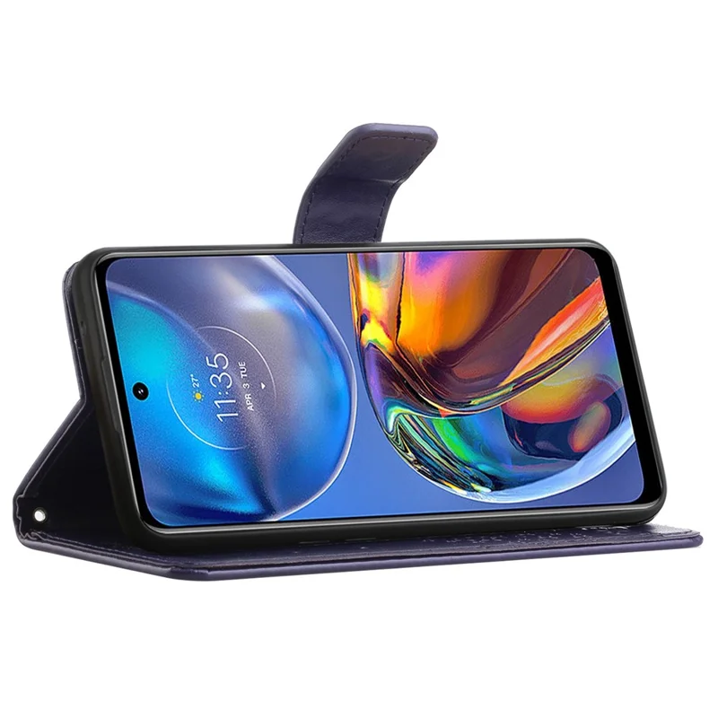 For Motorola Moto E32 Shockproof PU Leather Phone Cover Owl Tree Pattern Imprinted Wallet Stand Folio Flip Protective Case with Wrist Strap - Dark Purple