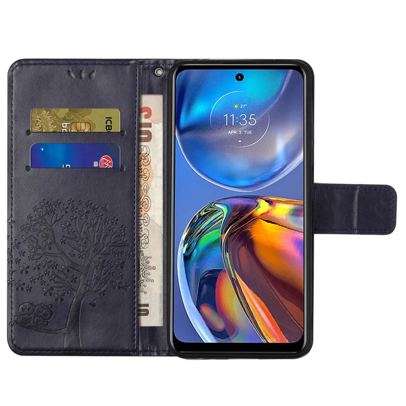 For Motorola Moto E32 Shockproof PU Leather Phone Cover Owl Tree Pattern Imprinted Wallet Stand Folio Flip Protective Case with Wrist Strap - Dark Purple