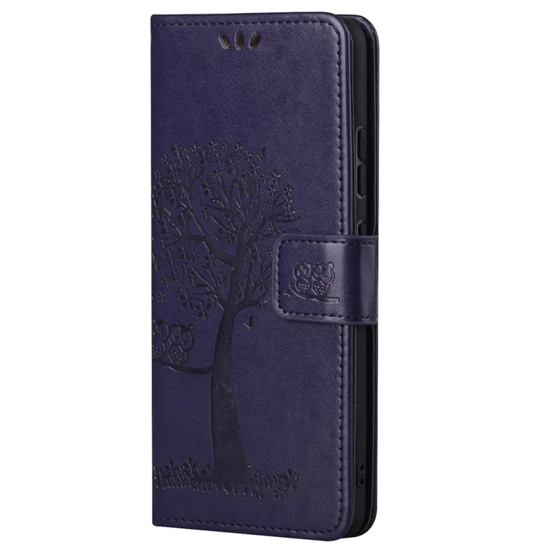 For Motorola Moto E32 Shockproof PU Leather Phone Cover Owl Tree Pattern Imprinted Wallet Stand Folio Flip Protective Case with Wrist Strap - Dark Purple