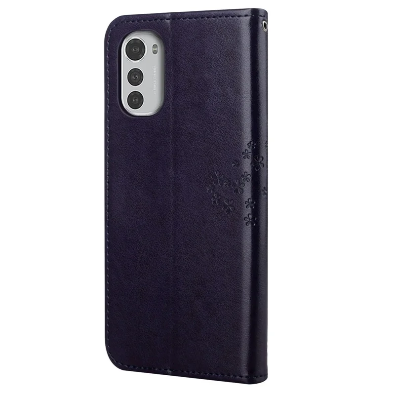 For Motorola Moto E32 Shockproof PU Leather Phone Cover Owl Tree Pattern Imprinted Wallet Stand Folio Flip Protective Case with Wrist Strap - Dark Purple