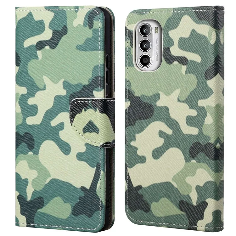 Per Motorola Moto G52 4G / G82 5G PU Pelle Chiusura Magnetica Stampa a Motivo Borsa Portafoglio Stand Flip Texture Incrociata Custodia Protettiva Full Body Antiurto - Mimetico