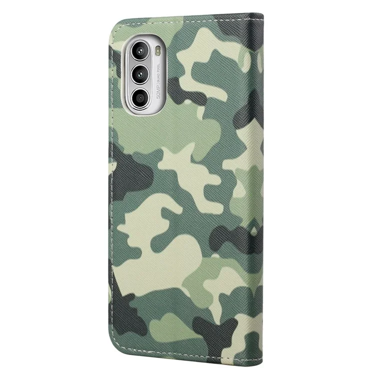 Per Motorola Moto G52 4G / G82 5G PU Pelle Chiusura Magnetica Stampa a Motivo Borsa Portafoglio Stand Flip Texture Incrociata Custodia Protettiva Full Body Antiurto - Mimetico