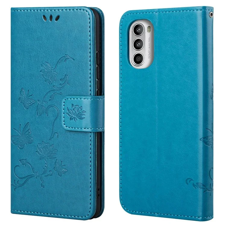 Per Motorola Moto G52 4G / G82 5G Guscio magnetico a prova di caduta in pelle PU con farfalle e fiori stampati, supporto e tracolla - Blu