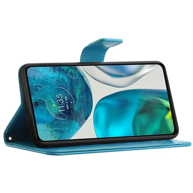 Per Motorola Moto G52 4G / G82 5G Guscio magnetico a prova di caduta in pelle PU con farfalle e fiori stampati, supporto e tracolla - Blu