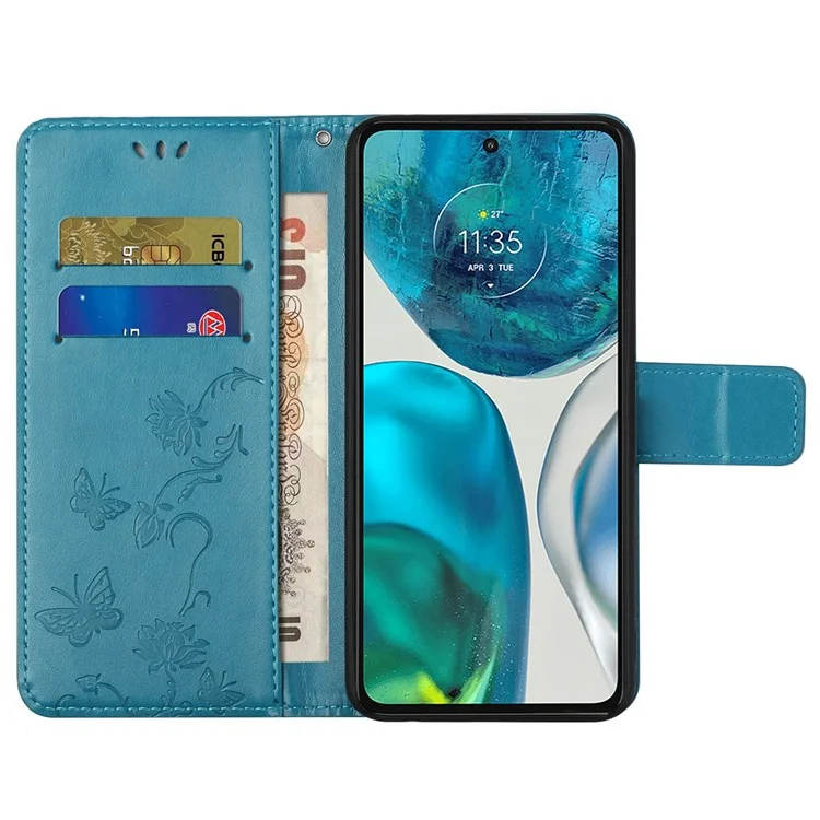 Per Motorola Moto G52 4G / G82 5G Guscio magnetico a prova di caduta in pelle PU con farfalle e fiori stampati, supporto e tracolla - Blu