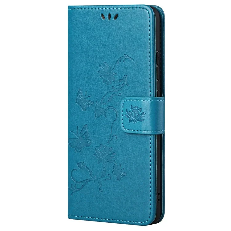 Per Motorola Moto G52 4G / G82 5G Guscio magnetico a prova di caduta in pelle PU con farfalle e fiori stampati, supporto e tracolla - Blu