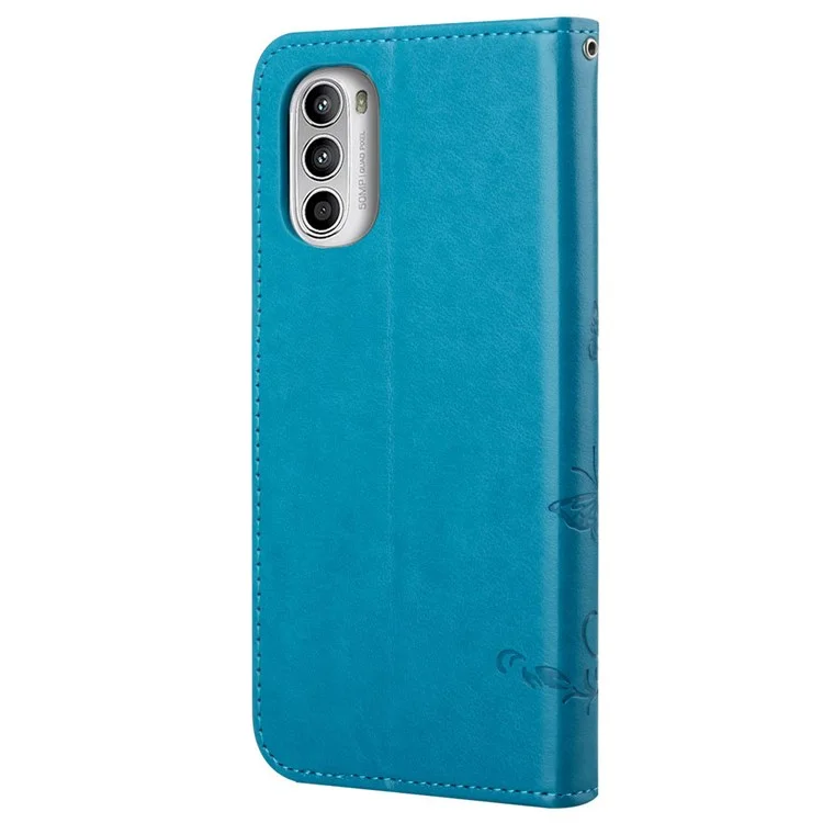 Per Motorola Moto G52 4G / G82 5G Guscio magnetico a prova di caduta in pelle PU con farfalle e fiori stampati, supporto e tracolla - Blu