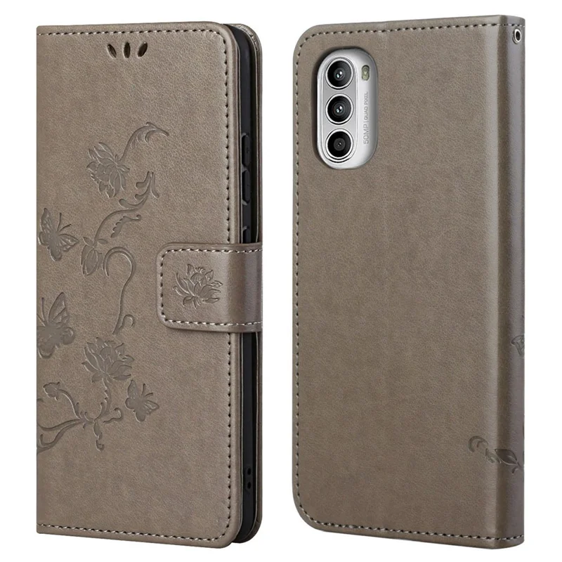 For Motorola Moto G52 4G / G82 5G Magnetic Drop-proof PU Leather Shell Butterfly Flower Imprinted Stand Hand Strap Wallet Well-protected Case - Grey