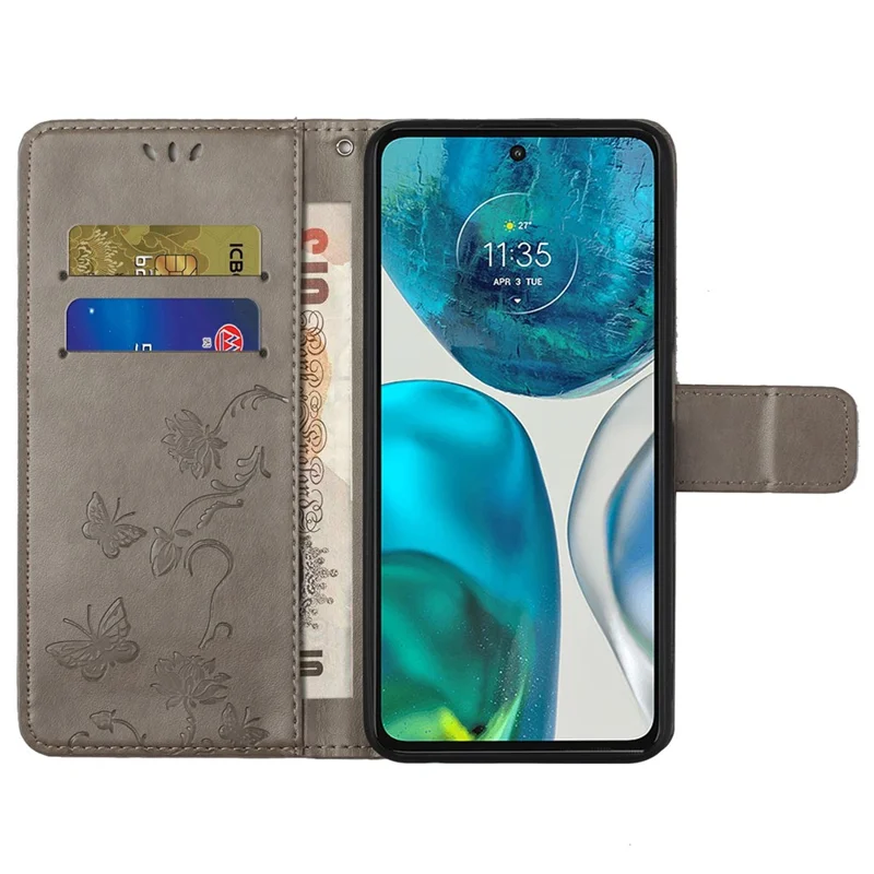 For Motorola Moto G52 4G / G82 5G Magnetic Drop-proof PU Leather Shell Butterfly Flower Imprinted Stand Hand Strap Wallet Well-protected Case - Grey