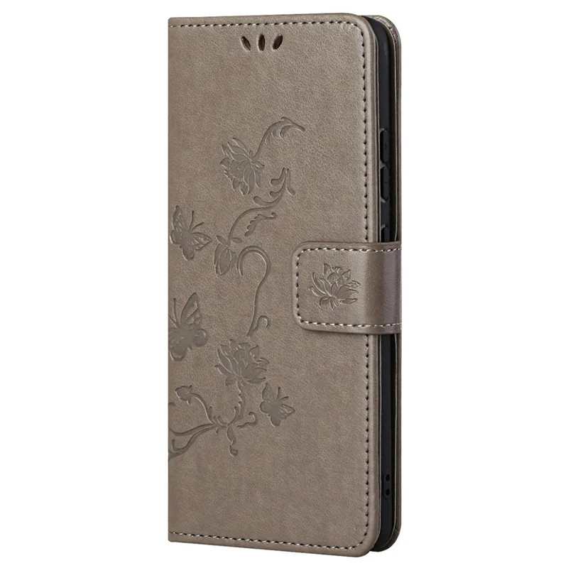 For Motorola Moto G52 4G / G82 5G Magnetic Drop-proof PU Leather Shell Butterfly Flower Imprinted Stand Hand Strap Wallet Well-protected Case - Grey