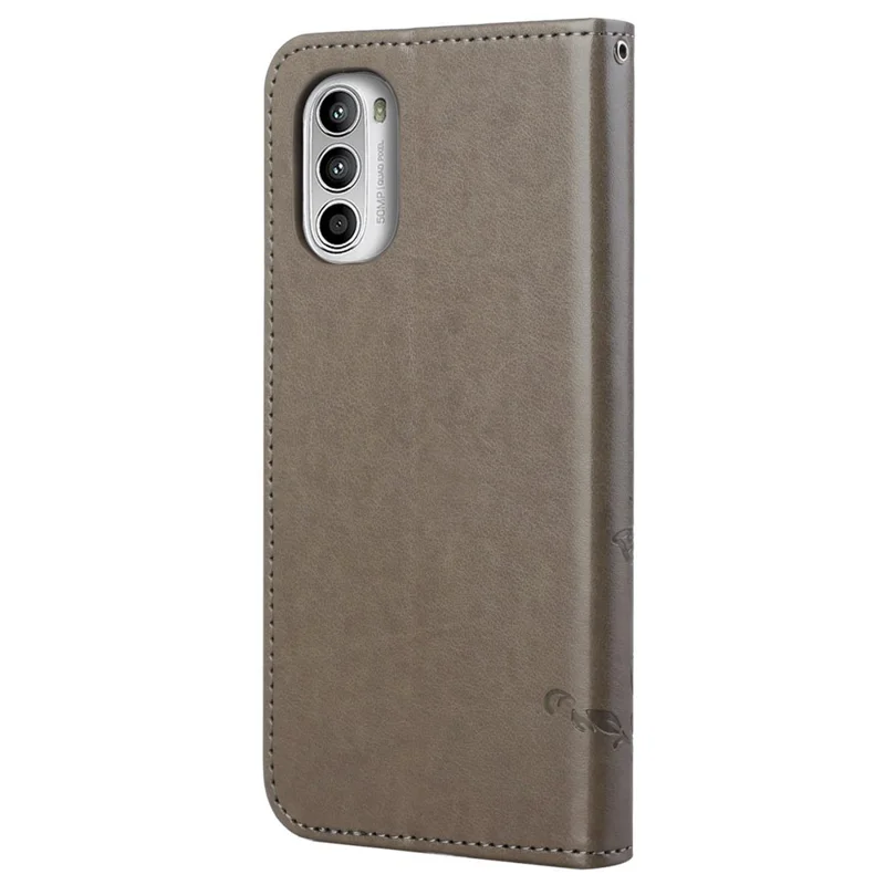 For Motorola Moto G52 4G / G82 5G Magnetic Drop-proof PU Leather Shell Butterfly Flower Imprinted Stand Hand Strap Wallet Well-protected Case - Grey