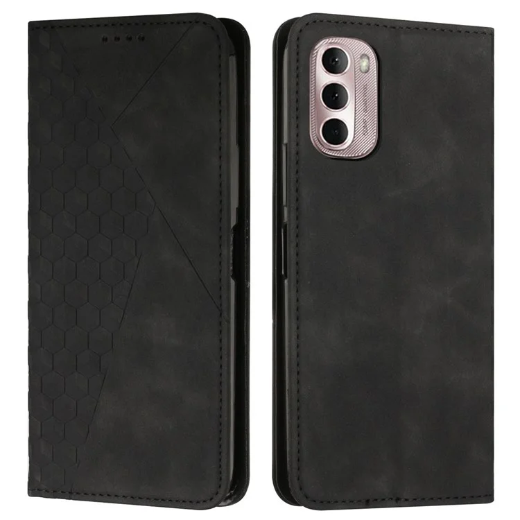 Phone Case for Motorola Moto G Stylus 4G (2022), Magnetic Automatic Closure PU Leather Stand Function Rhombus Pattern Imprinted Cover with Wallet - Black