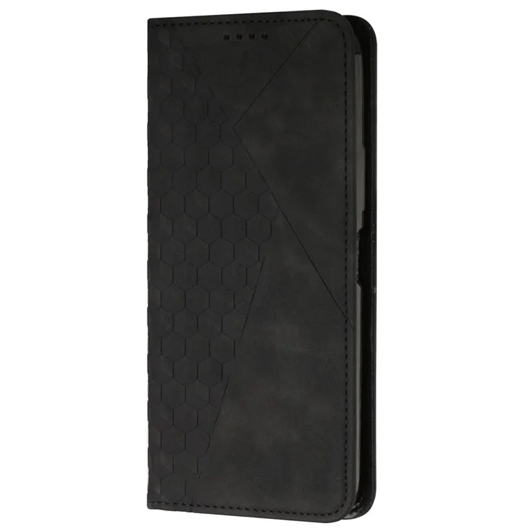 Phone Case for Motorola Moto G Stylus 4G (2022), Magnetic Automatic Closure PU Leather Stand Function Rhombus Pattern Imprinted Cover with Wallet - Black
