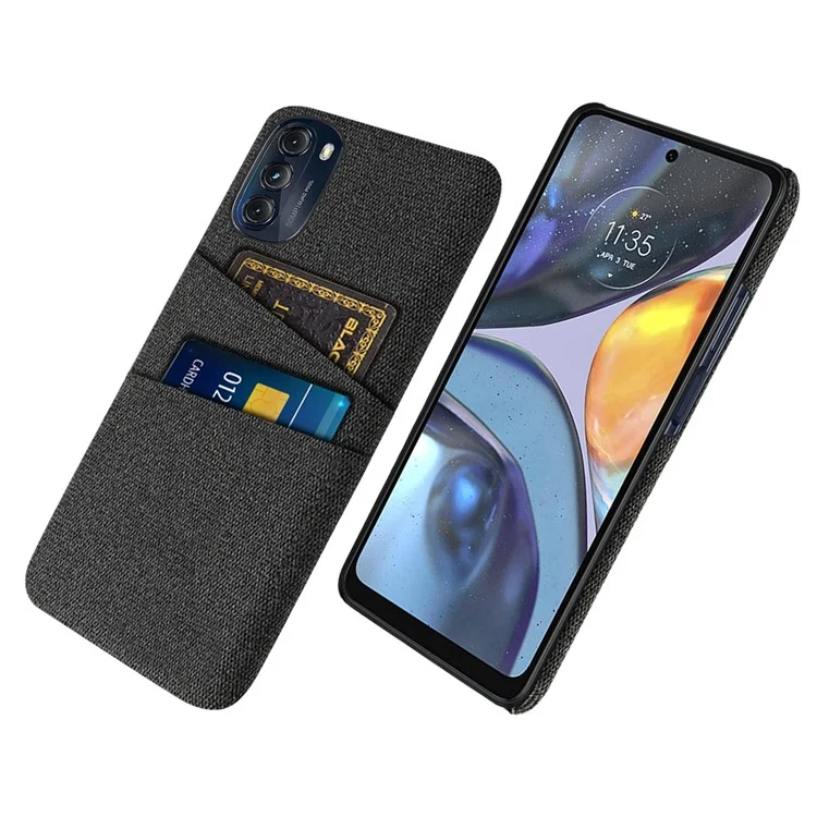 For Motorola Moto G (2022) Dual Layer PC + Cloth Cushion Back Shell Cloth Texture Non-Slip Anti-Fall Protection Slim Cover with Card Slots - Black