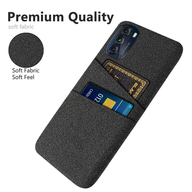 For Motorola Moto G (2022) Dual Layer PC + Cloth Cushion Back Shell Cloth Texture Non-Slip Anti-Fall Protection Slim Cover with Card Slots - Black