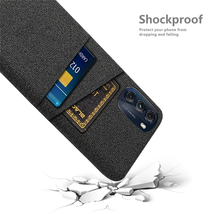For Motorola Moto G (2022) Dual Layer PC + Cloth Cushion Back Shell Cloth Texture Non-Slip Anti-Fall Protection Slim Cover with Card Slots - Black