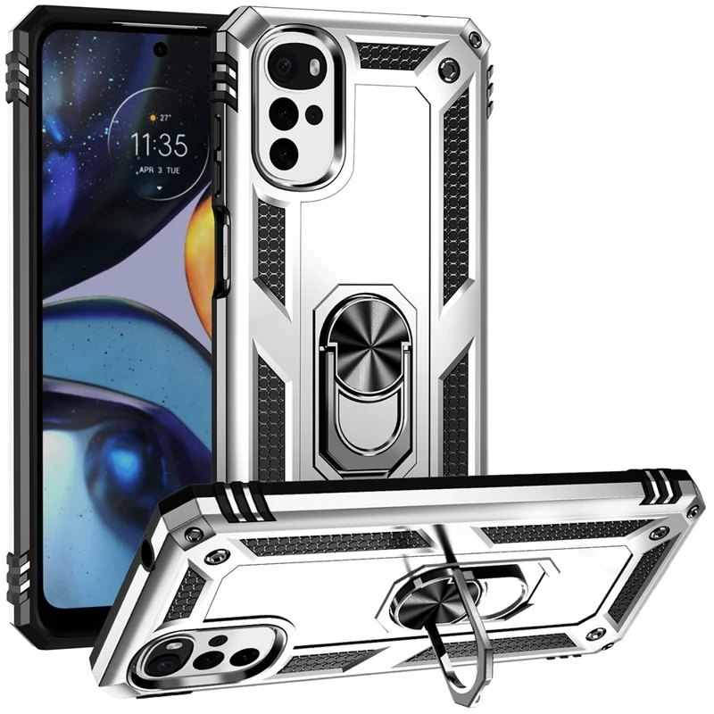 For Motorola Moto G22 (2022) Ring Holder Kickstand Shockproof Case Soft TPU Hard PC Back Dual Layer Protective Phone Cover - Silver