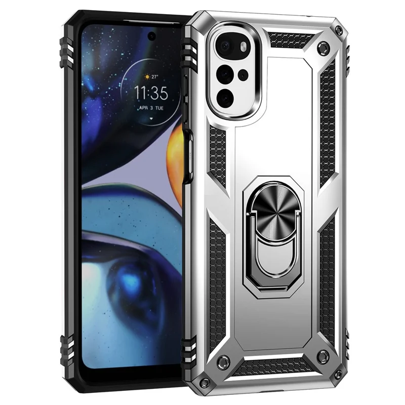 For Motorola Moto G22 (2022) Ring Holder Kickstand Shockproof Case Soft TPU Hard PC Back Dual Layer Protective Phone Cover - Silver