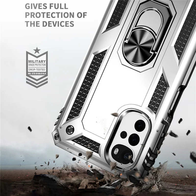 For Motorola Moto G22 (2022) Ring Holder Kickstand Shockproof Case Soft TPU Hard PC Back Dual Layer Protective Phone Cover - Silver