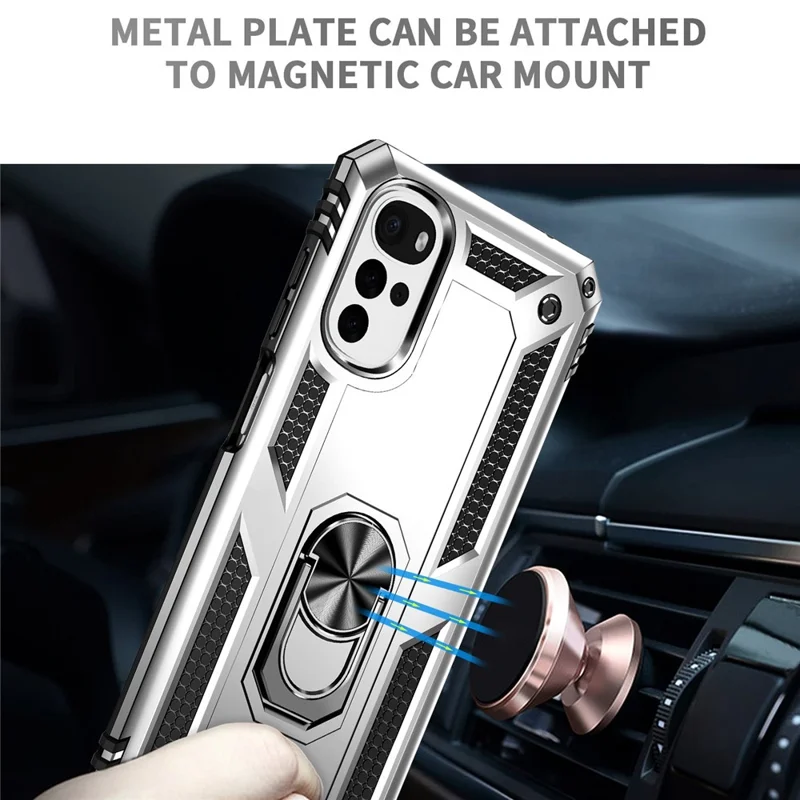 For Motorola Moto G22 (2022) Ring Holder Kickstand Shockproof Case Soft TPU Hard PC Back Dual Layer Protective Phone Cover - Silver