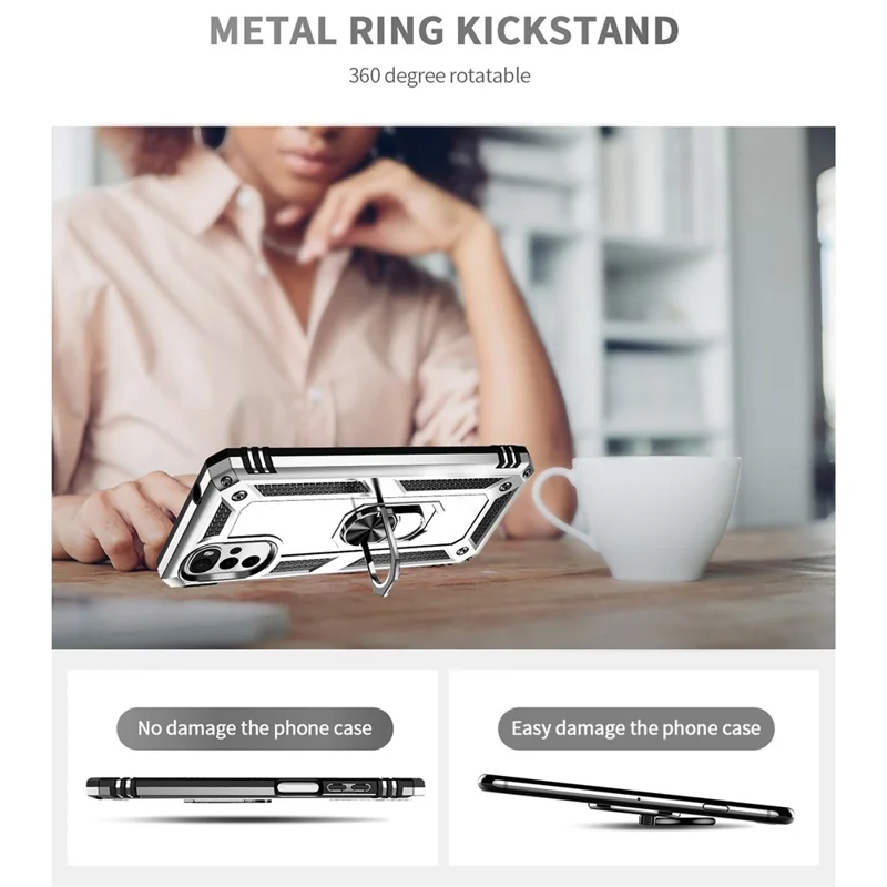 For Motorola Moto G22 (2022) Ring Holder Kickstand Shockproof Case Soft TPU Hard PC Back Dual Layer Protective Phone Cover - Silver