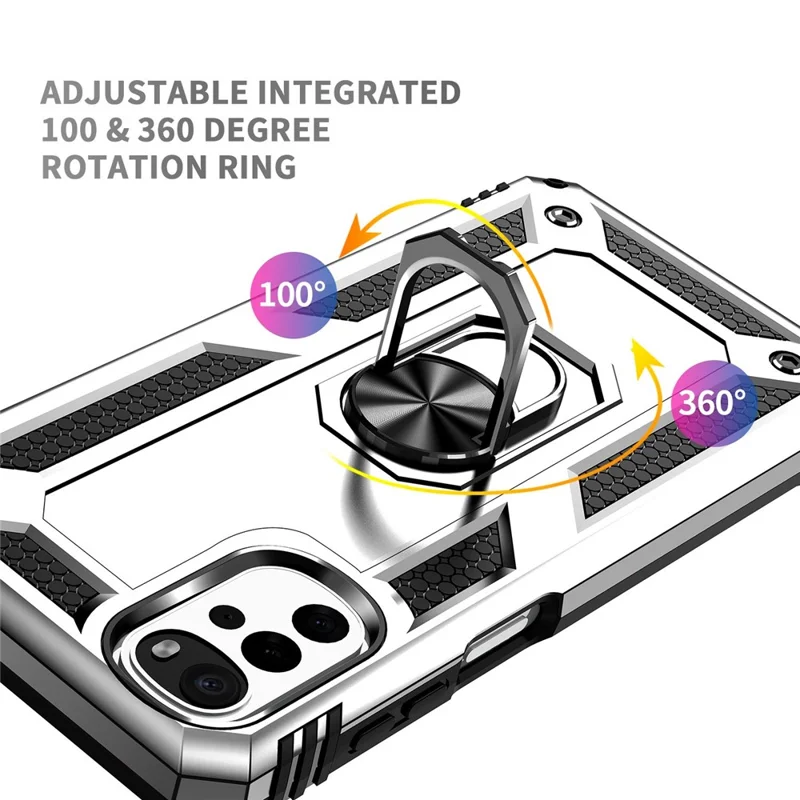 For Motorola Moto G22 (2022) Ring Holder Kickstand Shockproof Case Soft TPU Hard PC Back Dual Layer Protective Phone Cover - Silver