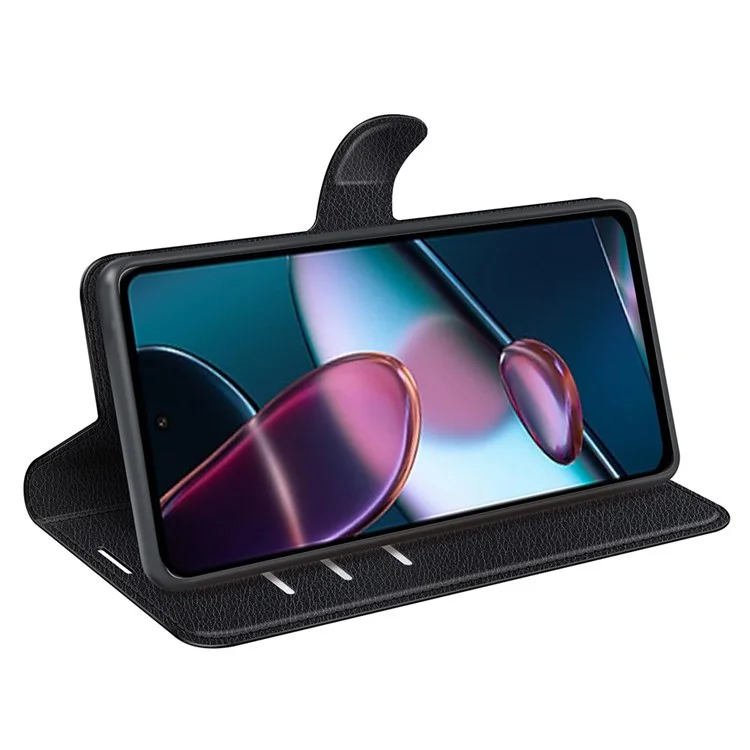 For Motorola Edge 30 5G PU Leather Wallet Phone Case Litchi Texture Stand Anti-drop Protection Shell - Black