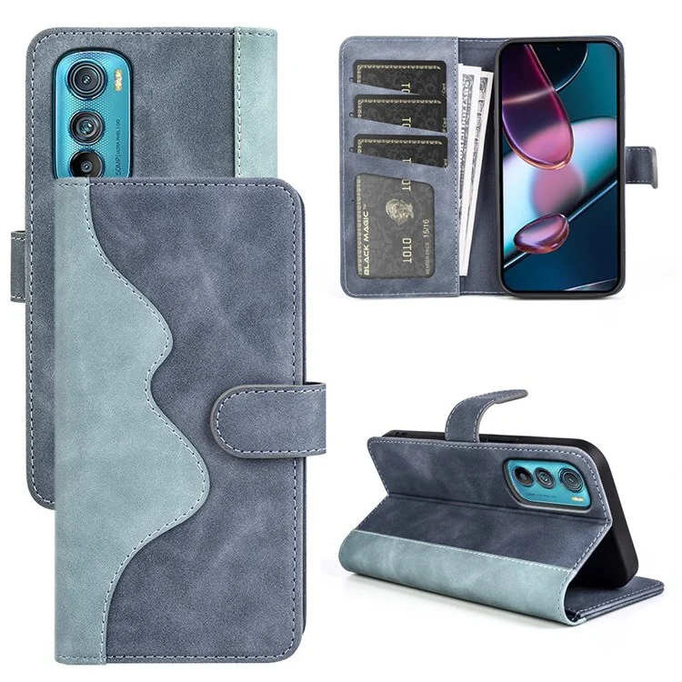 For Motorola Edge 30 5G Splicing Design Phone Cover PU Leather + TPU Full Protection Stand Wallet Case - Blue
