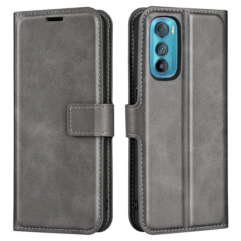 For Motorola Edge 30 5G Textured PU Leather Phone Case Square Magnetic Clasp Shockproof Cover with Wallet Stand - Grey