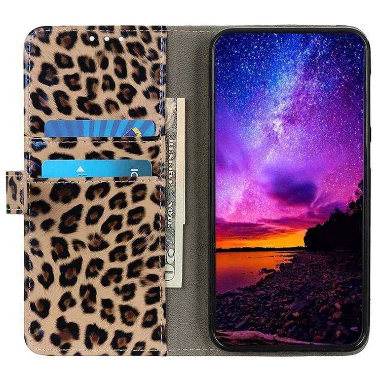 Pour Motorola Moto E32 4G Étui de téléphone portable en cuir PU avec imprimé léopard, rabat, support, fermoir magnétique, protection anti-chute