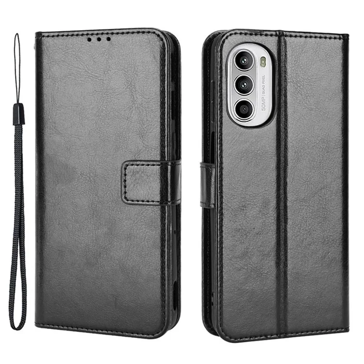 Capa de Telefone de Textura do Cavalo Louco Para Motorola Moto G52 4G/G82 5G, Tampa da Carteira de Couro PU à Prova Bump PU - Preto