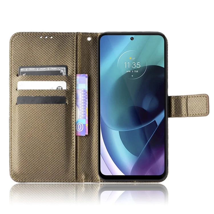 For Motorola Moto G71 5G Anti-collision Diamond Texture Stand PU Leather Protective Phone Case Wallet - Brown
