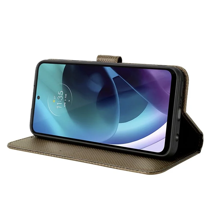 For Motorola Moto G71 5G Anti-collision Diamond Texture Stand PU Leather Protective Phone Case Wallet - Brown
