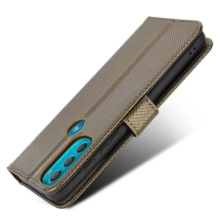 For Motorola Moto G71 5G Anti-collision Diamond Texture Stand PU Leather Protective Phone Case Wallet - Brown