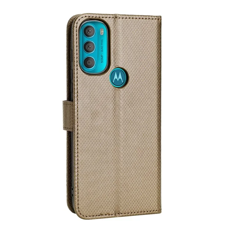 For Motorola Moto G71 5G Anti-collision Diamond Texture Stand PU Leather Protective Phone Case Wallet - Brown