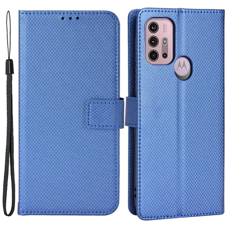 Para Motorola Moto G50 5G Textura de diamante Manos libres Soporte Funda protectora de piel de PU con cartera - Azul