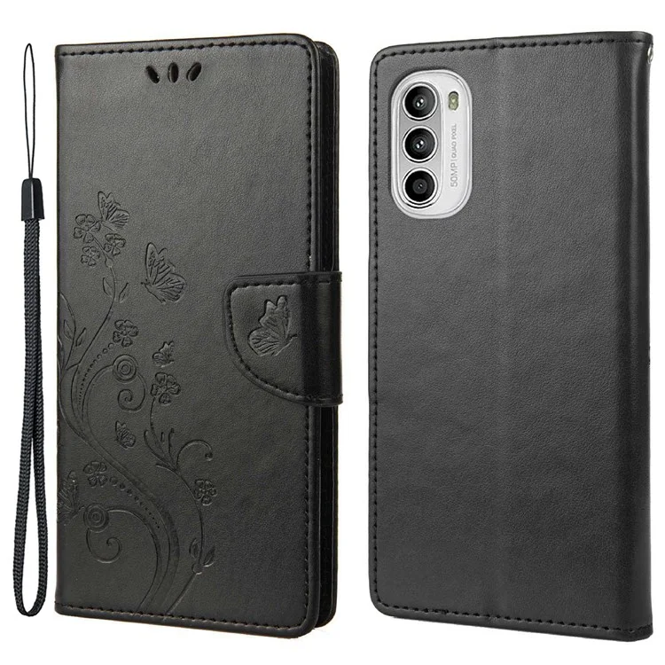 Per Motorola Moto G52 4G PU in Pelle PU Inspresse Flourfly Flowh Flower Cust Cinter Crove Chiusa Magnetica Libro Coperchio - Nero