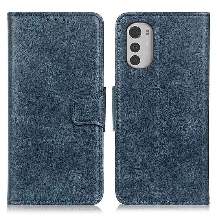 Pour Motorola Moto E32 PU Leather Crazy Horse Texture Case de Téléphone Portefeuille Portefeuille Magnétique Couvre de Protection - Bleu