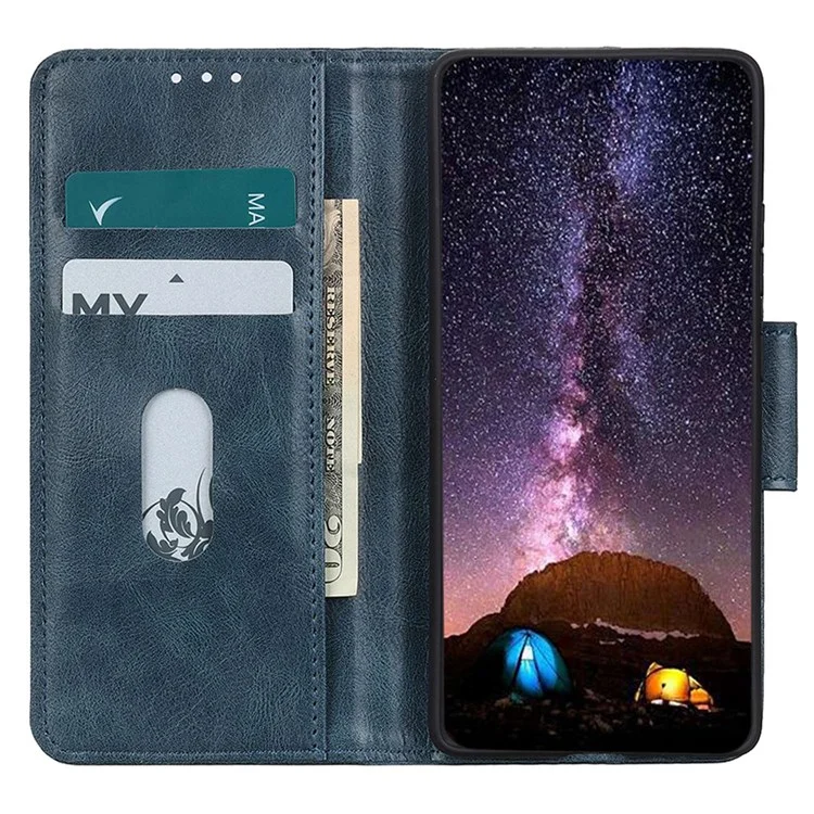 For Motorola Moto E32 PU Leather Crazy Horse Texture Case Phone Stand Wallet Magnetic Clasp Protective Cover - Blue