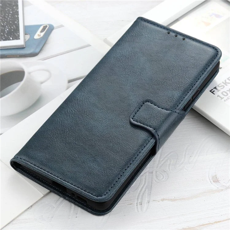 For Motorola Moto E32 PU Leather Crazy Horse Texture Case Phone Stand Wallet Magnetic Clasp Protective Cover - Blue